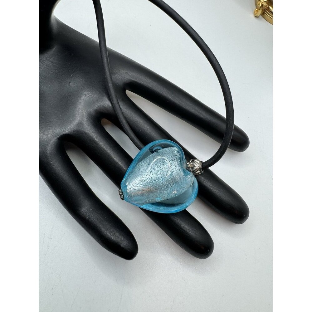 Iridescent Blue Glass Heart Pendant Puffy Heart Necklace Choker Charm Gift